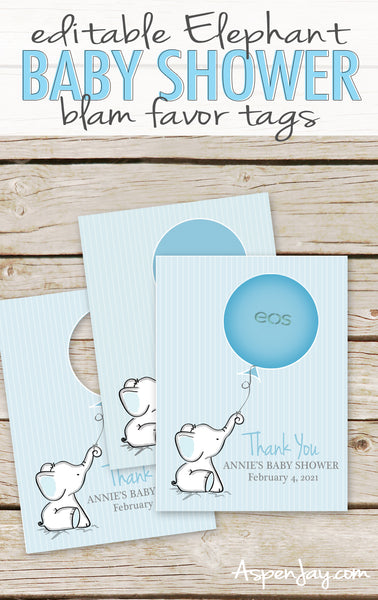 EDITABLE Blue Elephant EOS Lip Balm Favor Card