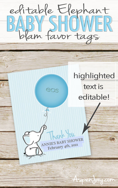 EDITABLE Blue Elephant EOS Lip Balm Favor Card