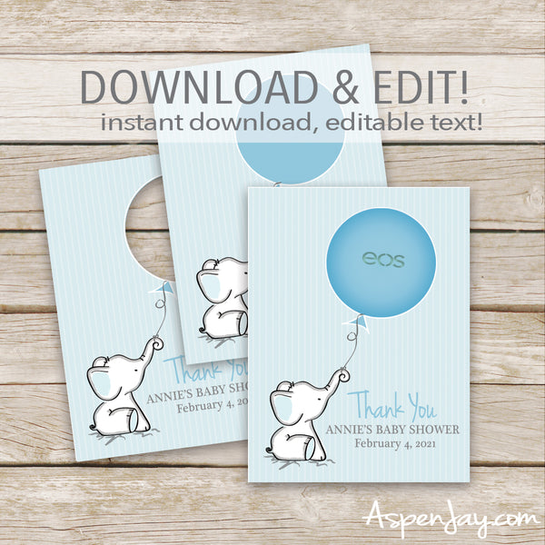 EDITABLE Blue Elephant EOS Lip Balm Favor Card