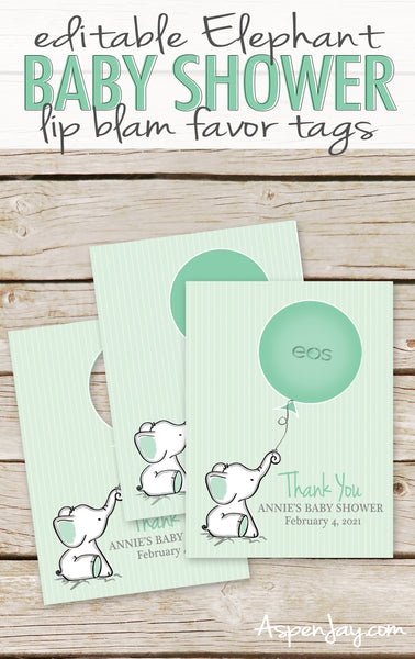 EDITABLE Green Elephant EOS Lip Balm Favor Card