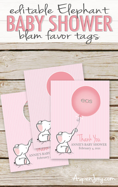 EDITABLE Pink Elephant EOS Lip Balm Favor Card