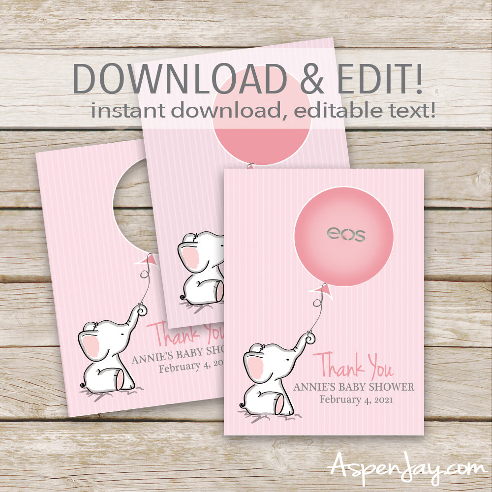 EDITABLE Pink Elephant EOS Lip Balm Favor Card