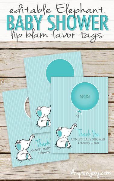 EDITABLE Turquoise Elephant EOS Lip Balm Favor Card