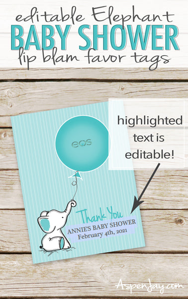 EDITABLE Turquoise Elephant EOS Lip Balm Favor Card