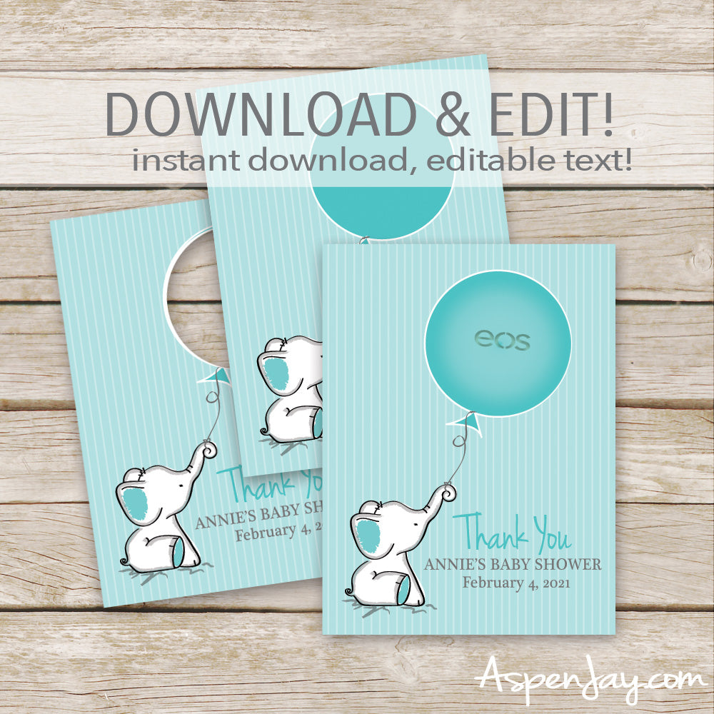 EDITABLE Turquoise Elephant EOS Lip Balm Favor Card