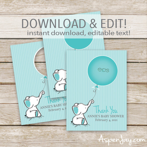 EDITABLE Turquoise Elephant EOS Lip Balm Favor Card