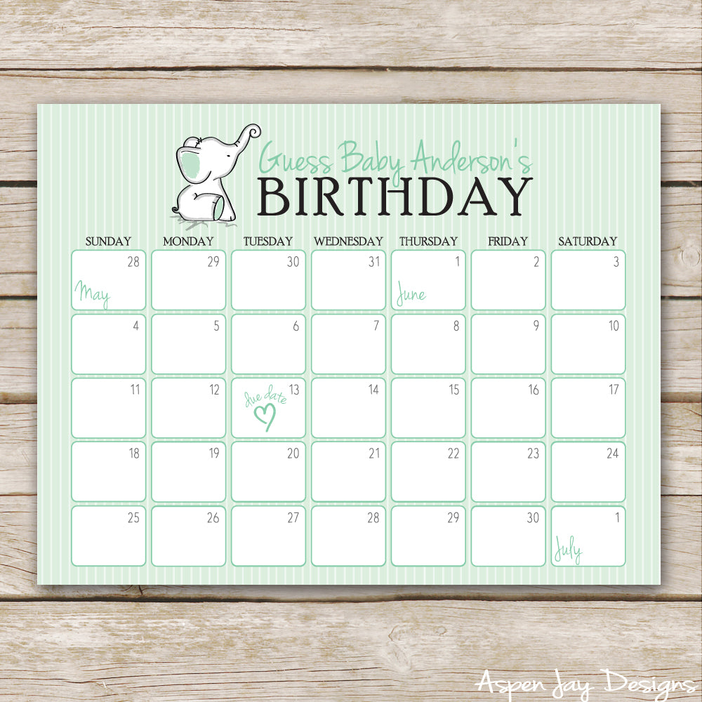Green Elephant Baby Predictions Calendar