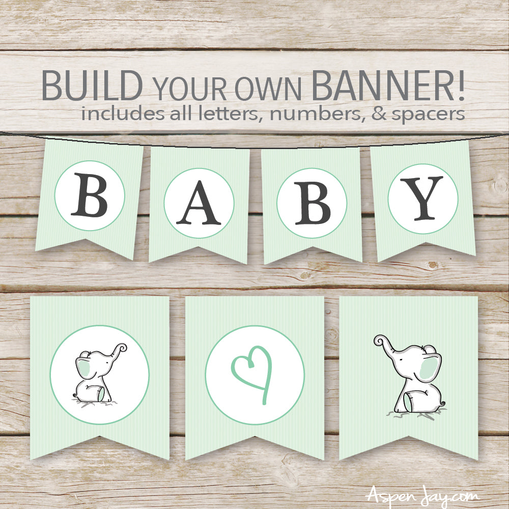 Green Elephant Banner - ALL Letters & Numbers