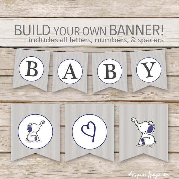 Navy Elephant Banner - ALL Letters & Numbers