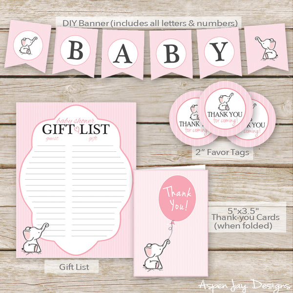 Pink Elephant Baby Shower Decor Package