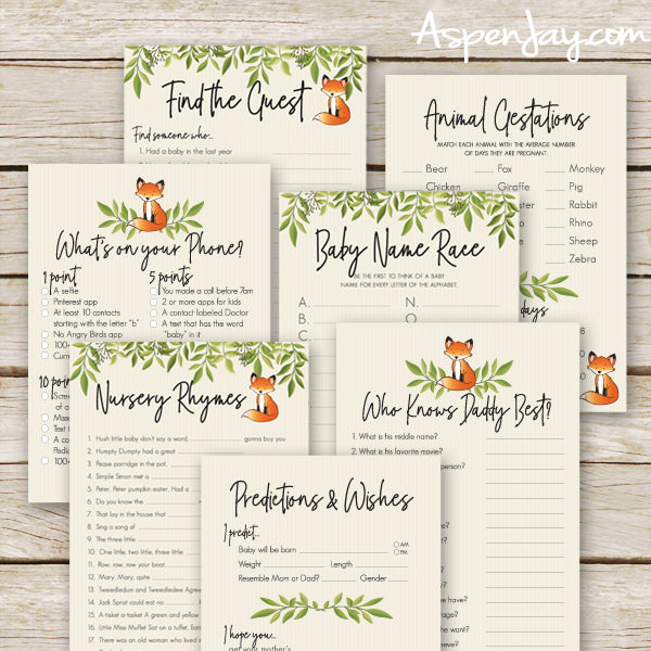 7 Fox Baby Shower Games Pack