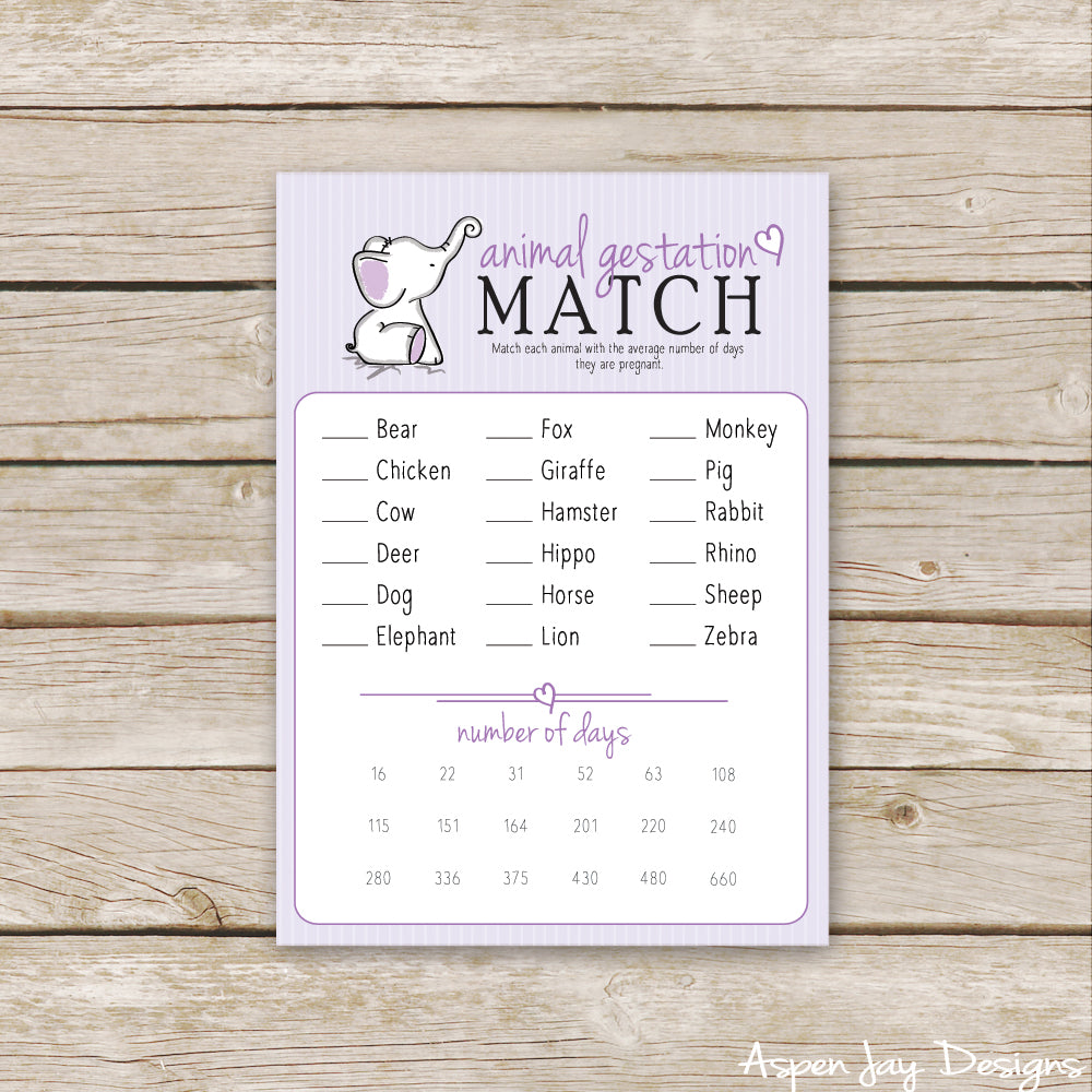 Purple Elephant Animal Gestation Match