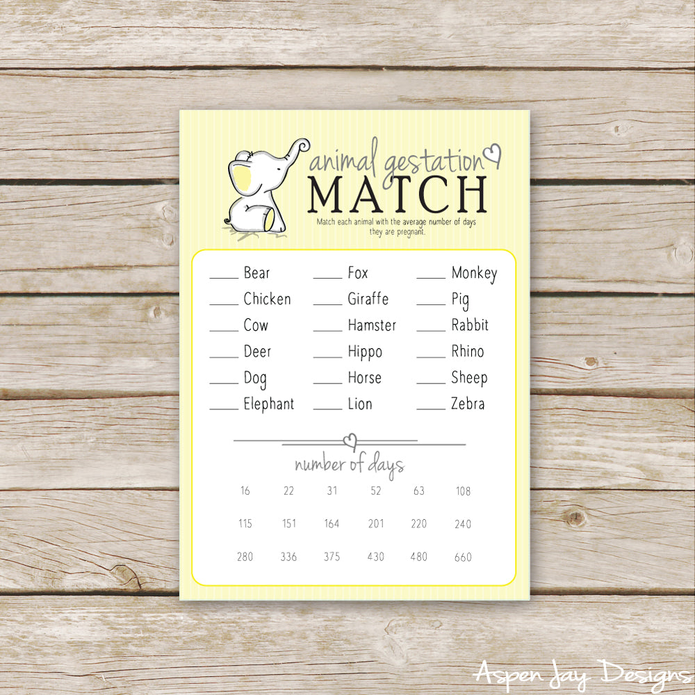 Yellow Elephant Animal Gestation Match