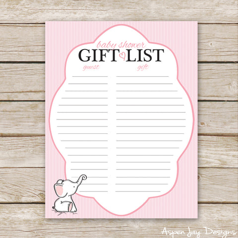 Pink Elephant Shower Gift List
