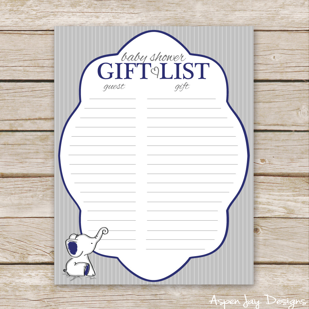 Navy Elephant Shower Gift List