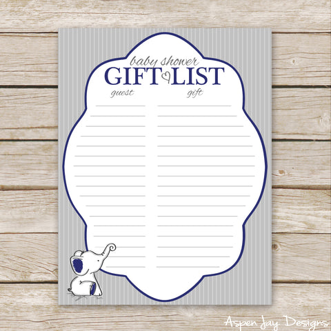 Navy Elephant Shower Gift List