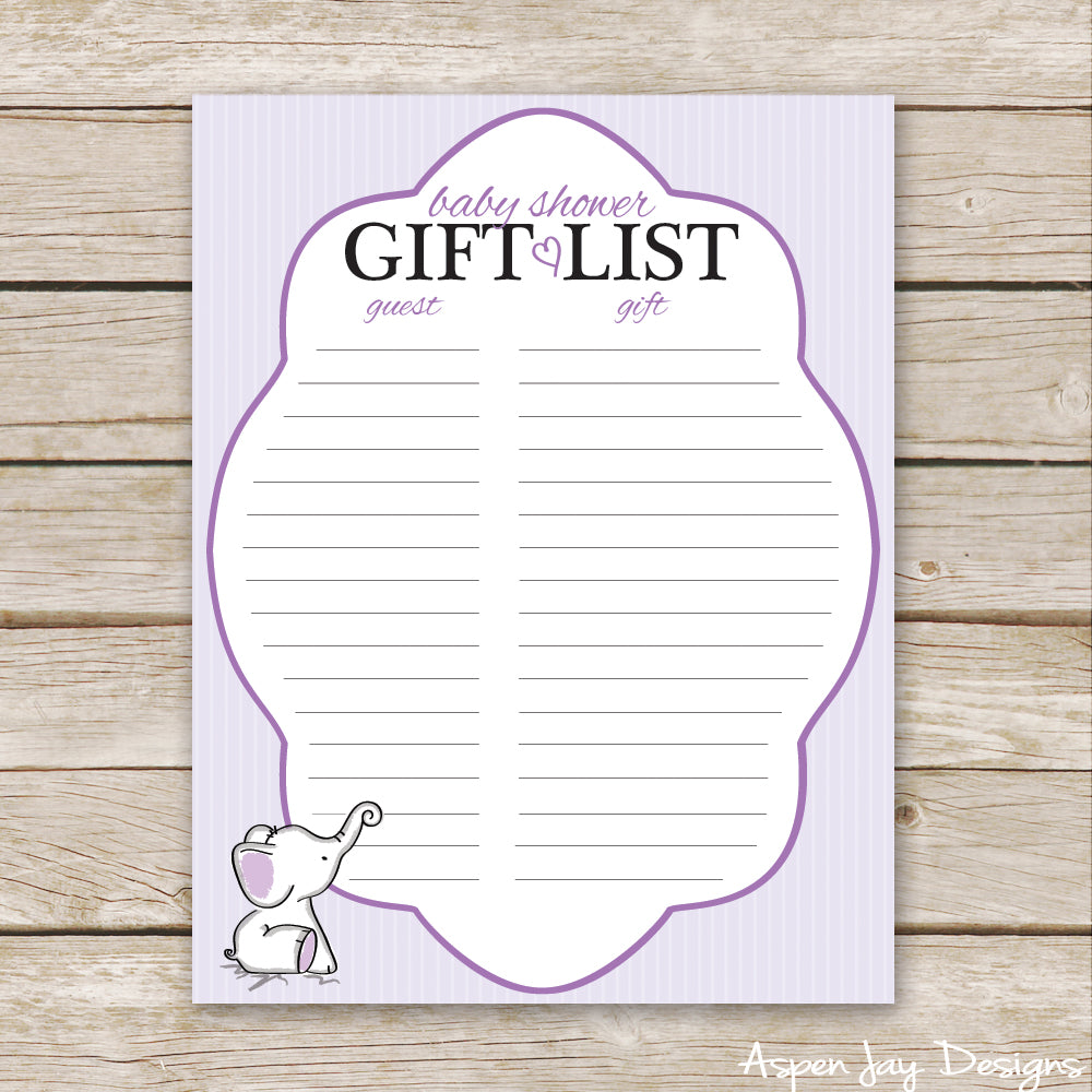 Purple Elephant Shower Gift List