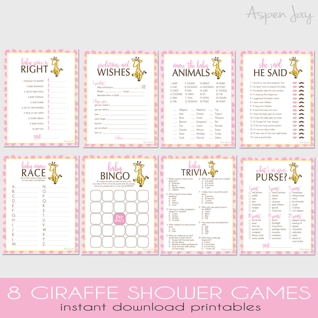 8 Giraffe Baby Shower Games Pack
