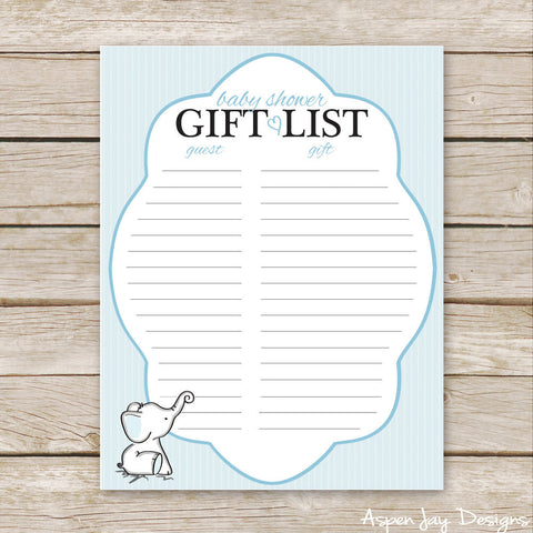 Blue Elephant Shower Gift List
