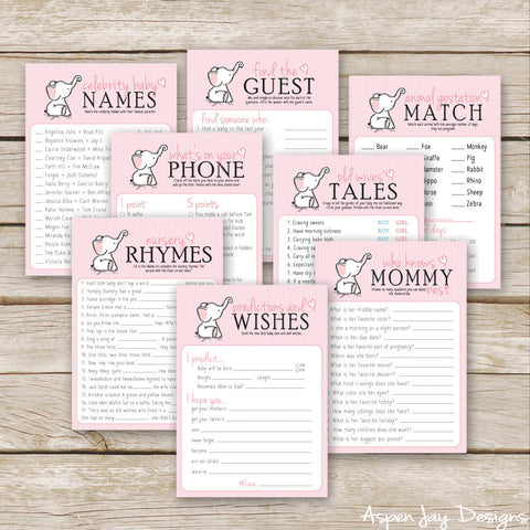 Pink Elephant 8 Baby Shower Games Package