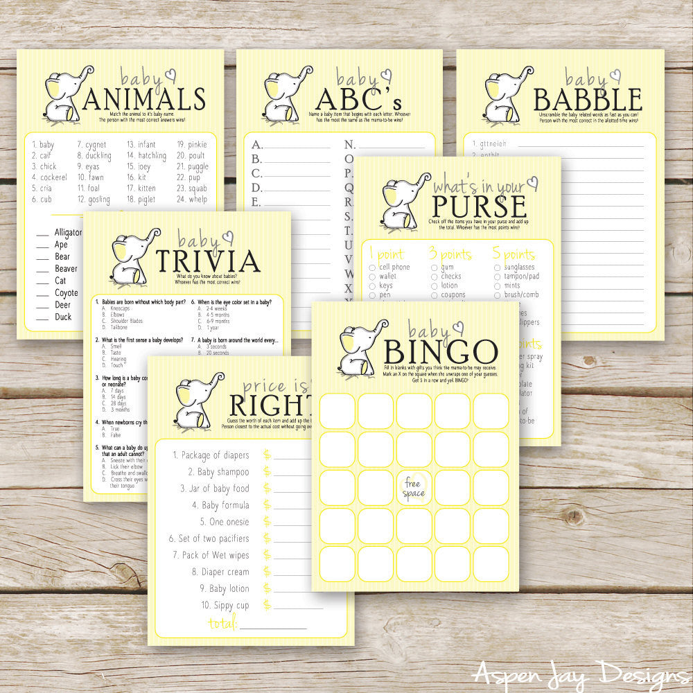 Yellow Elephant 7 Baby Shower Games Package