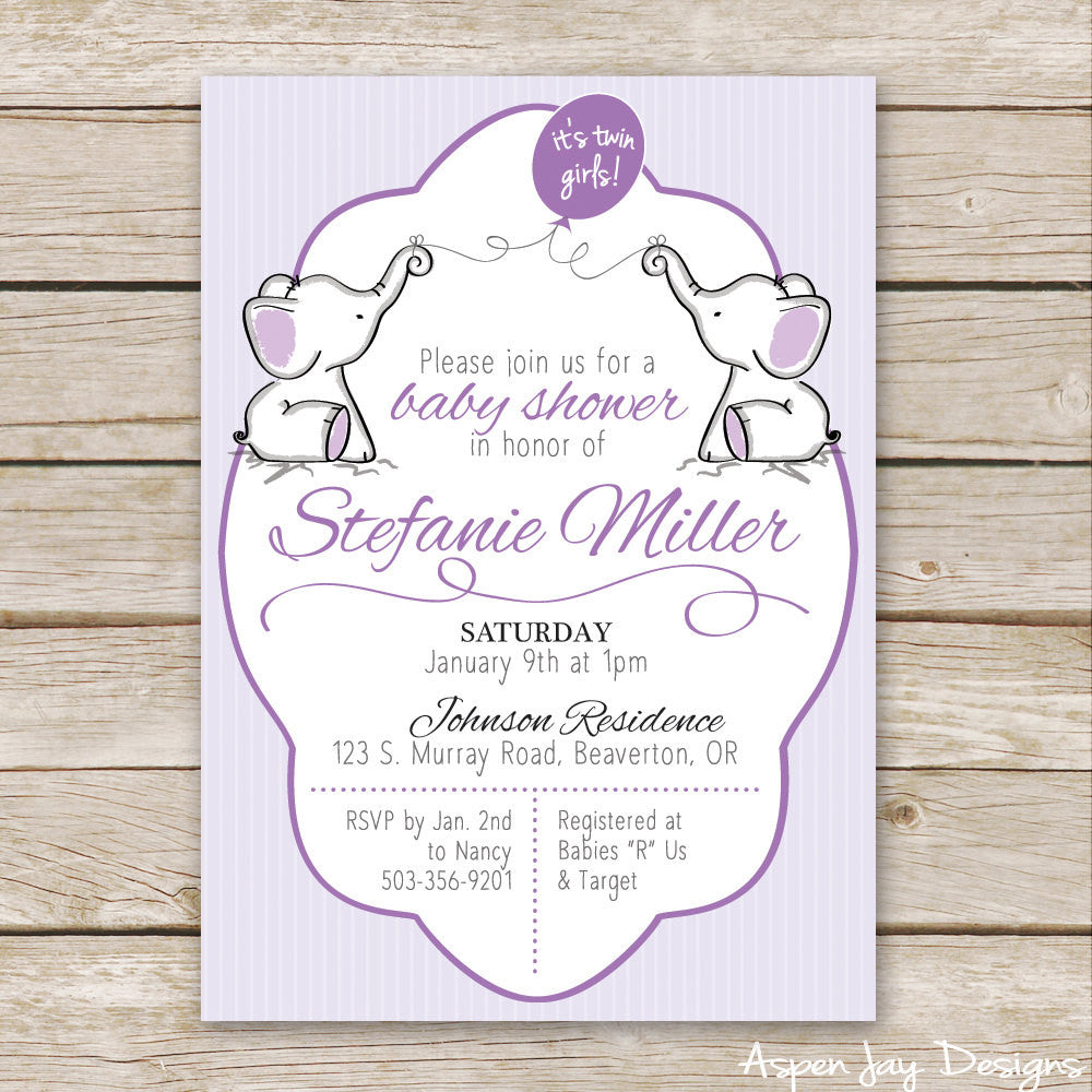 Twin Purple Elephant Baby Shower Invites