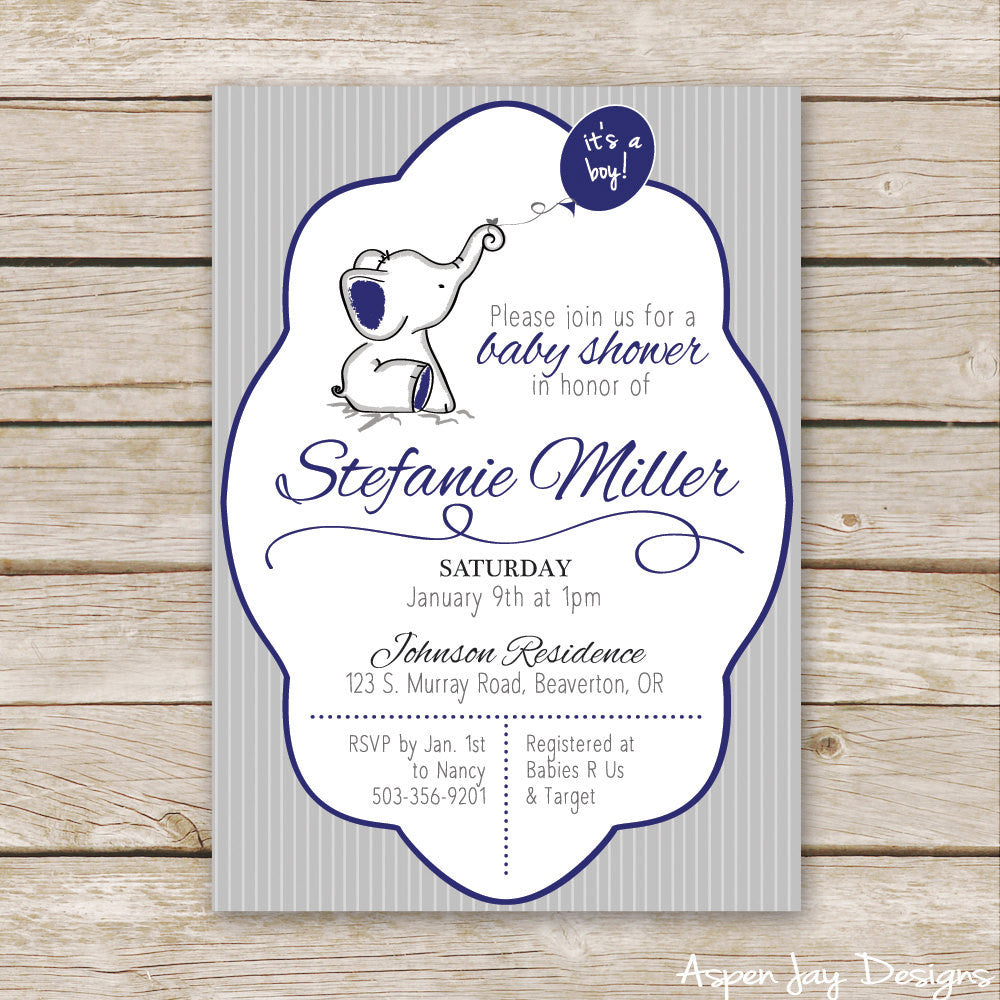 Navy Elephant Baby Shower Invites