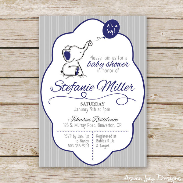 Navy Elephant Baby Shower Invites