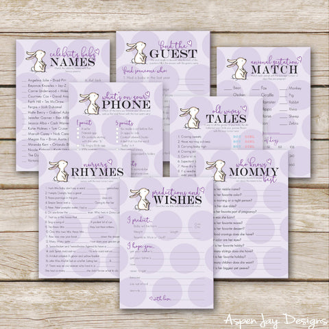 Purple Bunny 8 Baby Shower Games Package