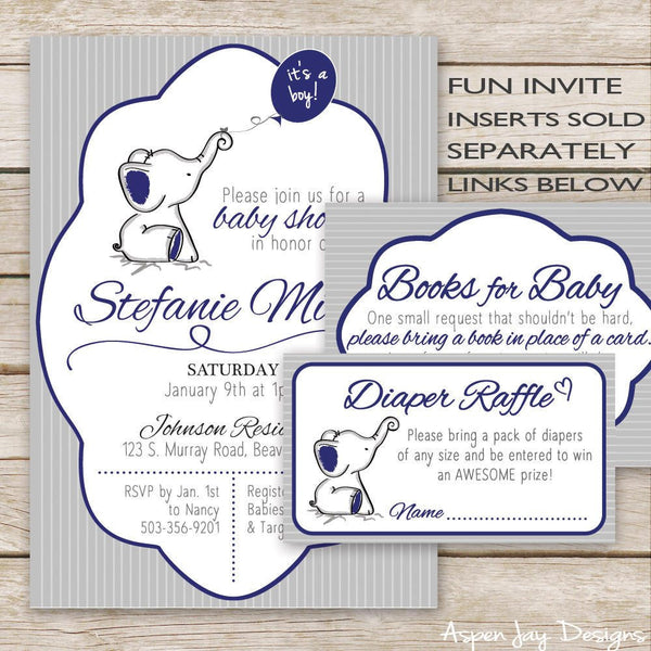 Navy Elephant Baby Shower Invites