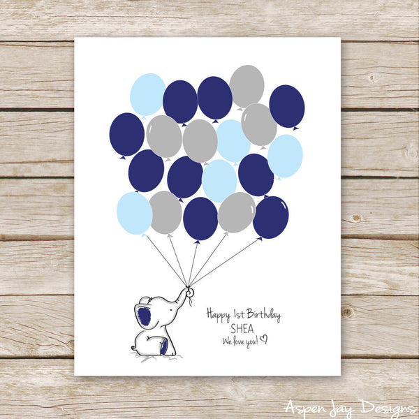 Navy Elephant Balloon Guest Book