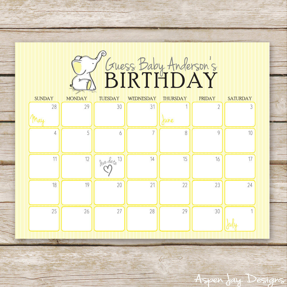 Yellow Elephant Baby Predictions Calendar