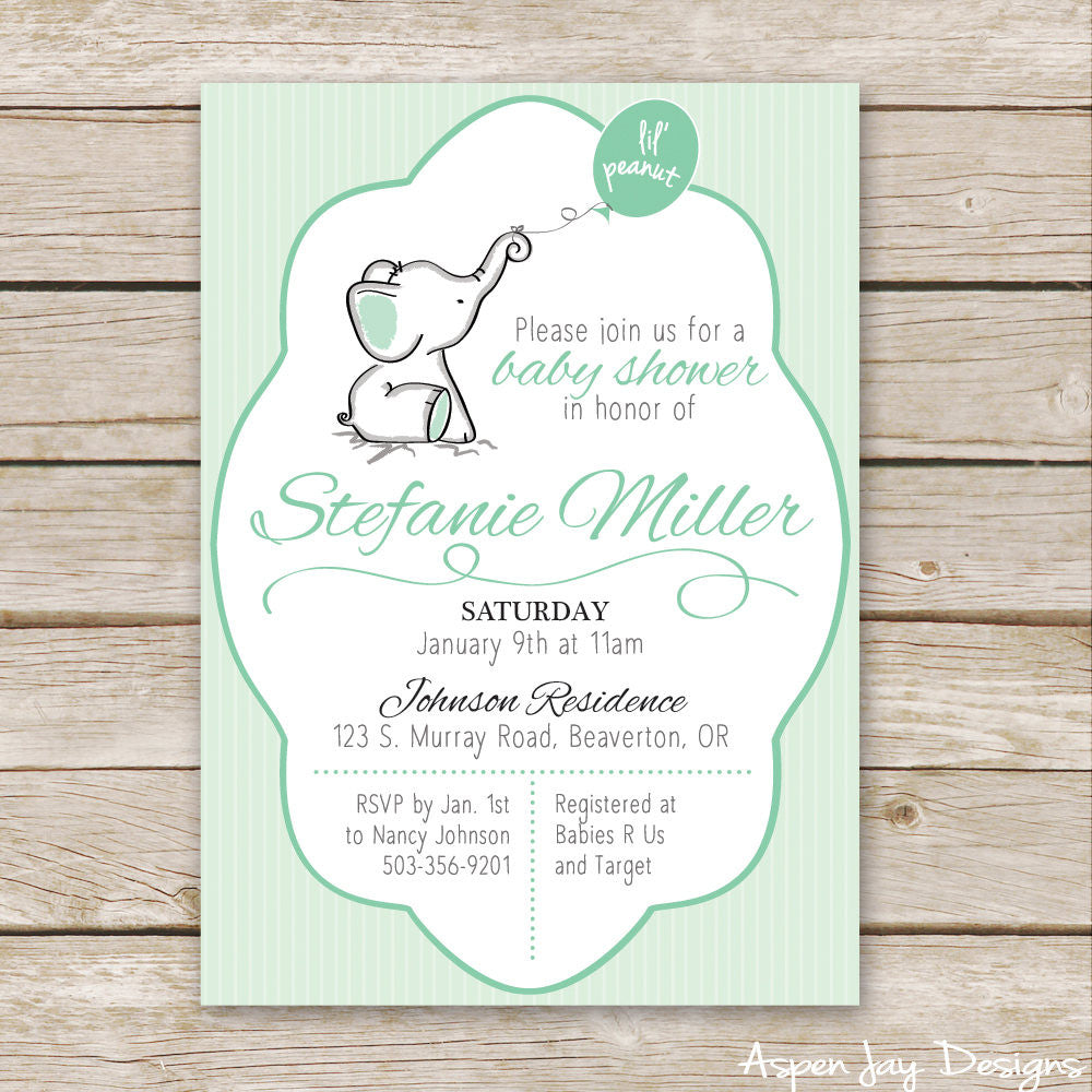 Green Elephant Baby Shower Invites