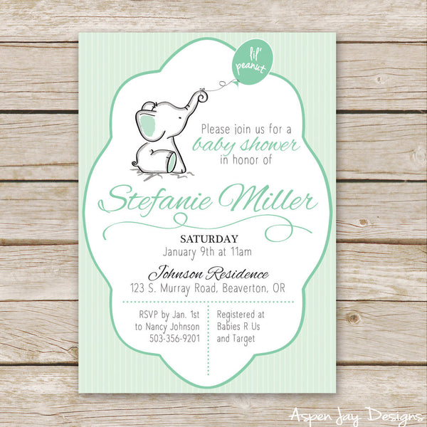 Green Elephant Baby Shower Invites