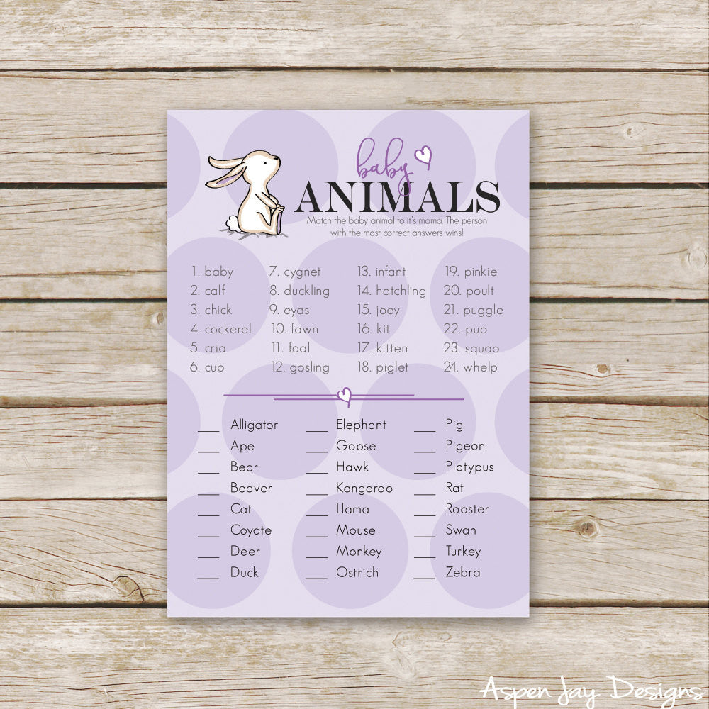 Purple Bunny Baby Animal Names