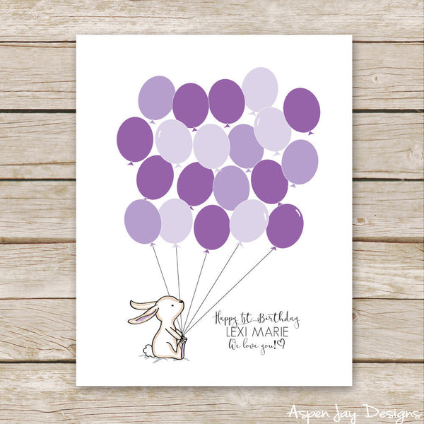Purple Bunny Balloon Guest Book