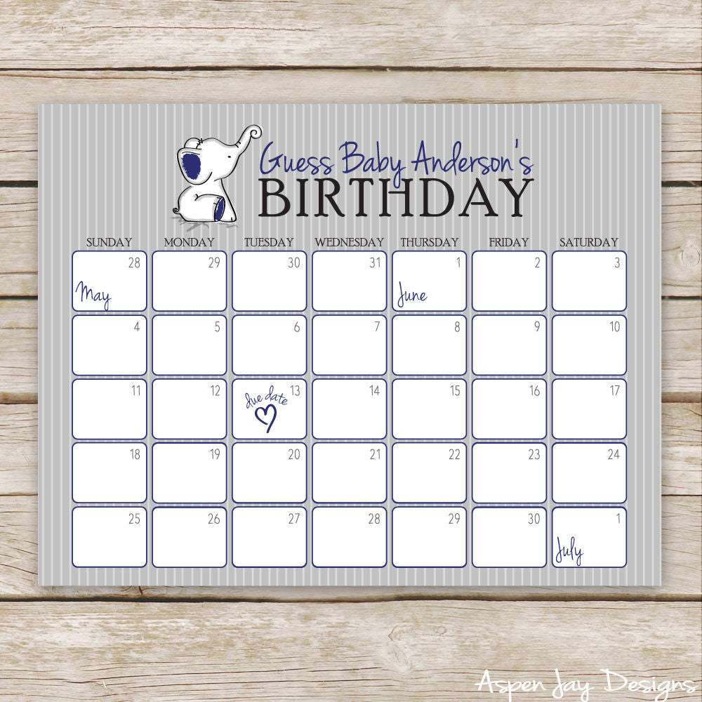 Navy Elephant Baby Predictions Calendar