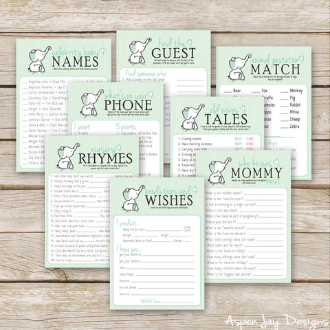 Green Elephant 8 Baby Shower Games Package