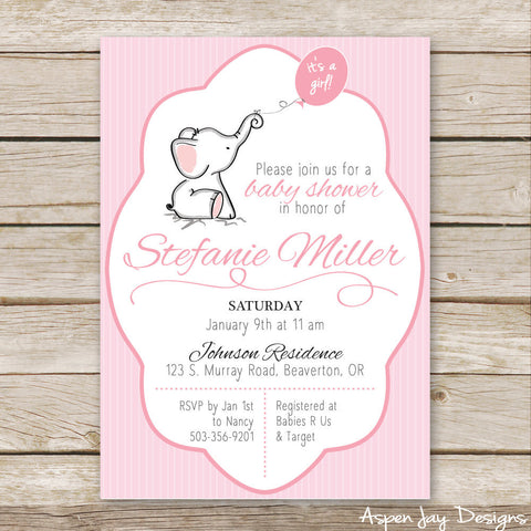 Pink Elephant Baby Shower Invites