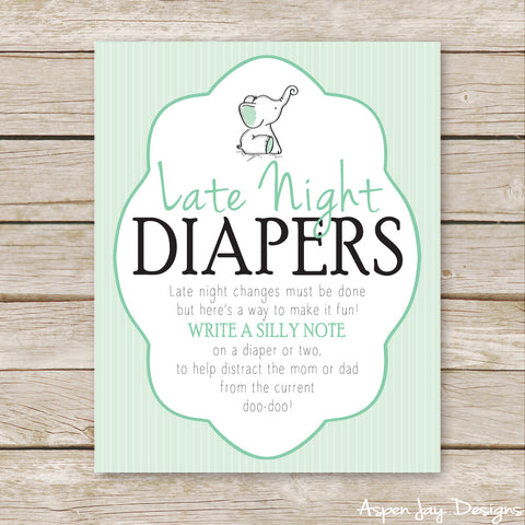 Green Elephant Late Night Diapers Sign
