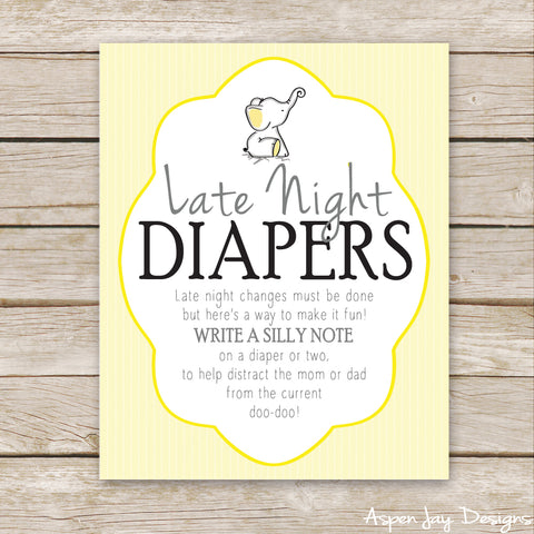 Yellow Elephant Late Night Diapers Sign