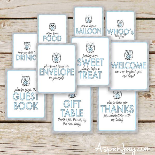 Blue Owl Baby Shower Table Signs