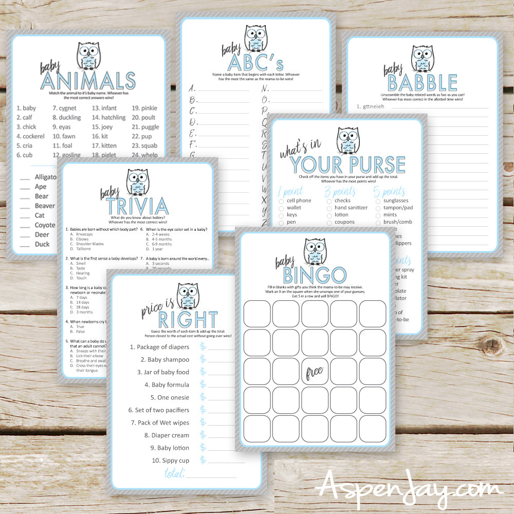 Blue Owl 7 Baby Shower Games Package