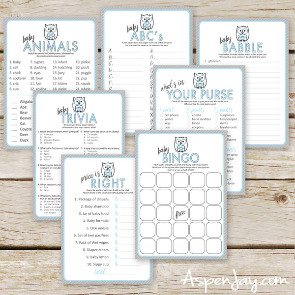 Blue Owl 7 Baby Shower Games Package