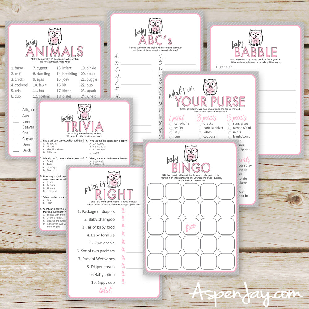 Pink Owl 7 Baby Shower Games Package