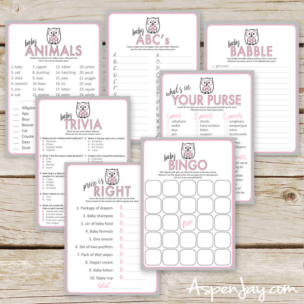Pink Owl 7 Baby Shower Games Package
