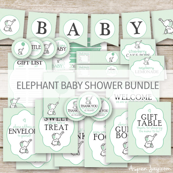 Green Elephant Baby Shower Decor Package