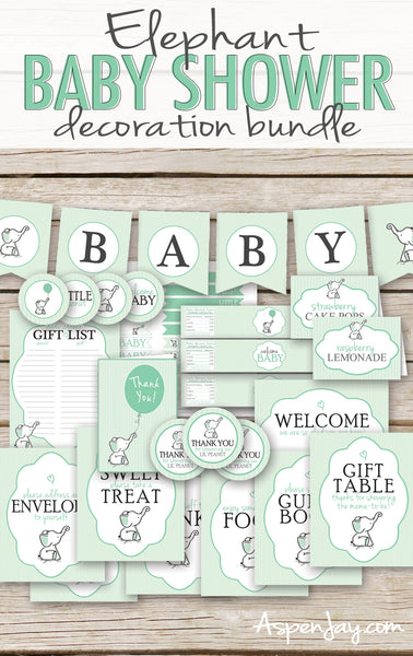 Green Elephant Baby Shower Decor Package