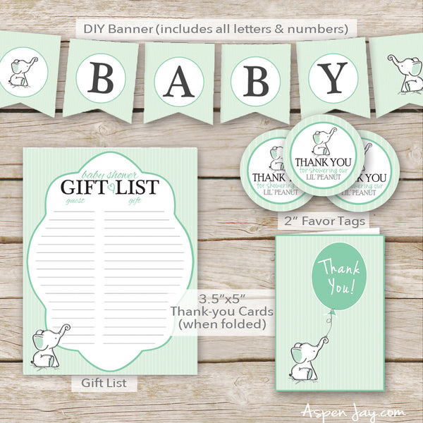Green Elephant Baby Shower Decor Package