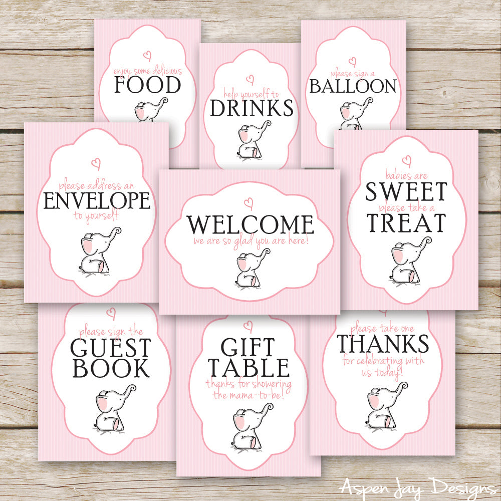 Pink Elephant Baby Shower Signs